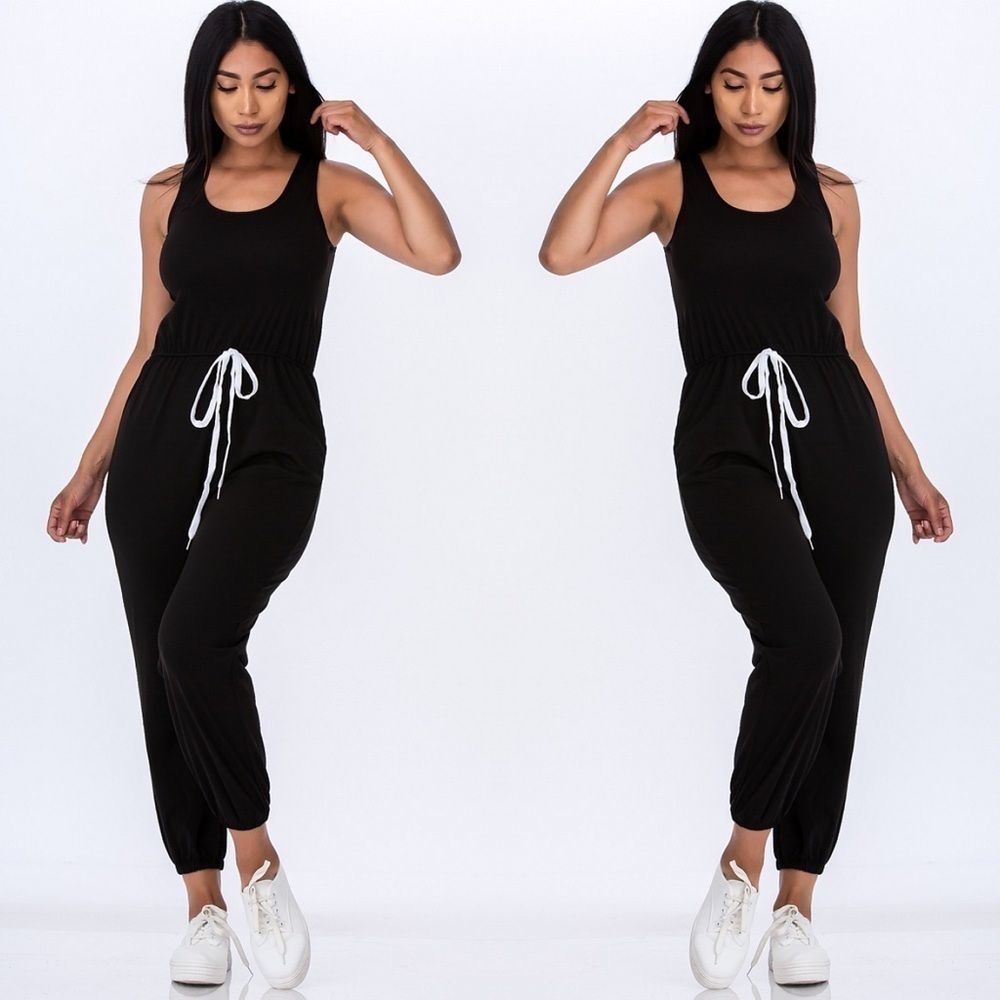 Black Elasticized Waist Jogger Jumpsuit